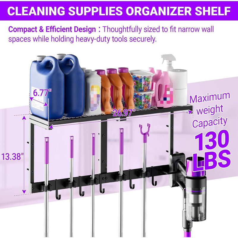 Support mural robuste avec organisateur de fournitures de nettoyage, rangement pour salle de lavage peu encombrante et tablettes de rangement, support de balai à balai en métal avec crochets, tablette de rangement de garage
