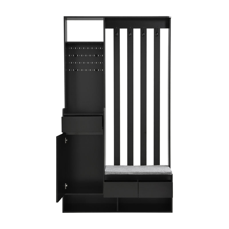 Contemporary Hall Tree Storage With Cushioned Storage Bench, Multifunctional Hallway Shoe Cabinet With Pegboard, Modern Coat Rack With 4 Hooks For Entryway, Mudroom