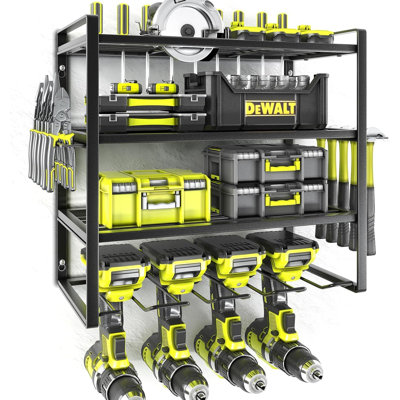 Heavy Duty Wall Mount Metal Tool Organizer - 4 Layer Power Tool Storage Rack With Drill Holders, Shelves For Screwdrivers, Pliers, Hammers