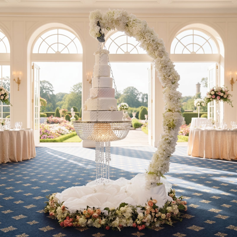 Support à gâteau de mariage suspendu de 7 pi et arche florale - toile de fond suspendue en métal doré (support à gâteau de lustre vendu séparément)