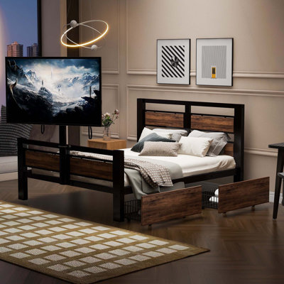 Twin Size Metal Platform Bed With MDF Headboard And Footboard,Two Storage Drawers And Rotatable TV Stand