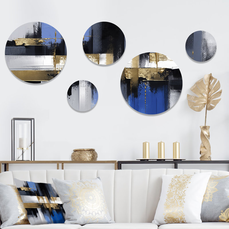 Peinture dorée et bleue Elegance III - ensemble de 5 collages abstraits ronds