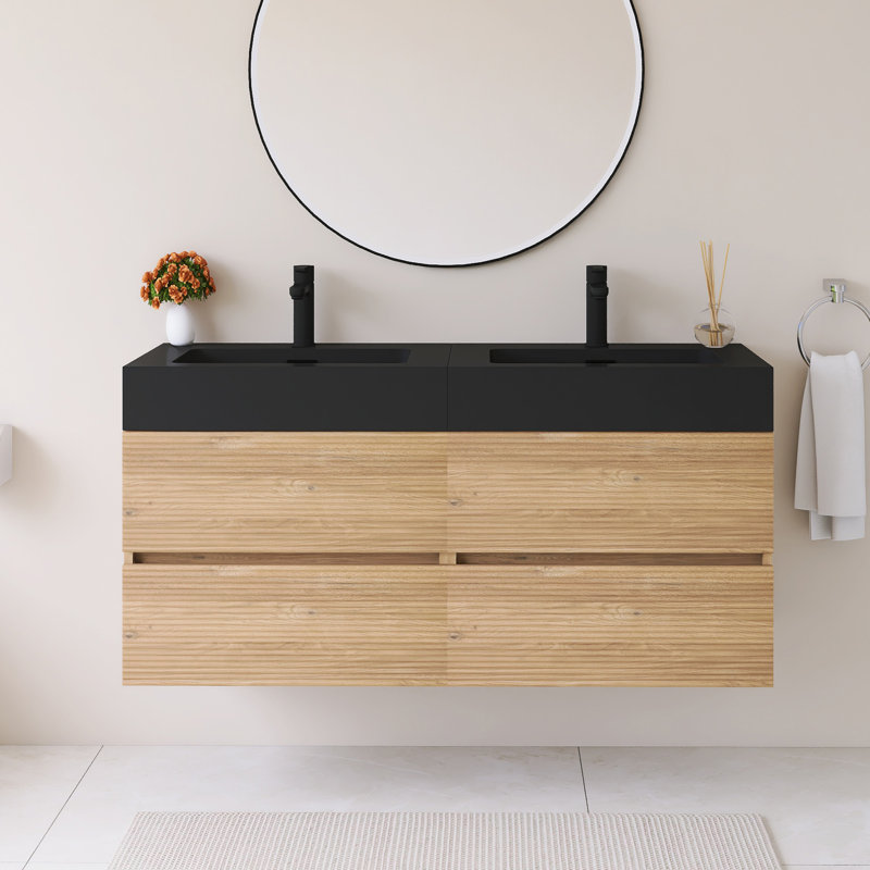 Meuble-lavabo mural 48 po avec lavabo à surface solide noir, 48"