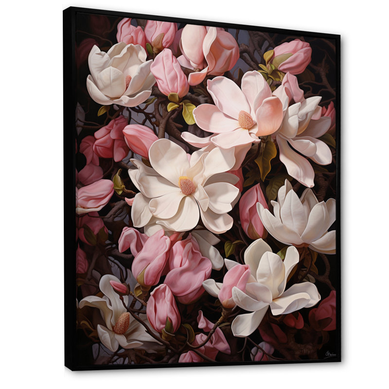 Rose, blanc, magnolia et magnolia - Étreinte, H 32 po x l 24 po x P 1 po, Cadre flottant noir