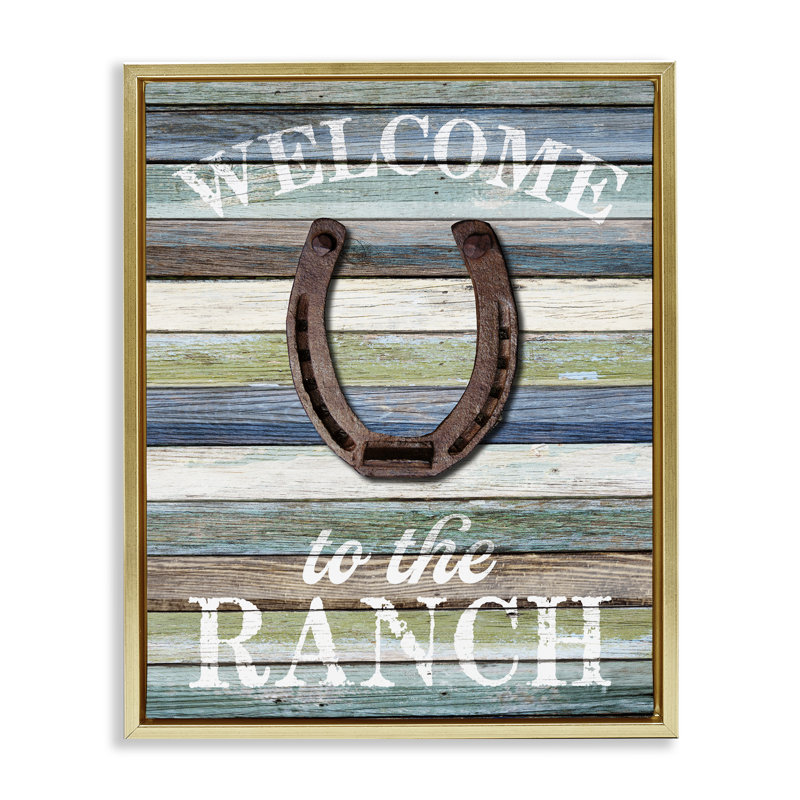 «Welcome Ranch with Horseshoe», art mural encadré flottant par Susan Arnot, Cadre flottant métallique doré, H 31 po x l 25 po