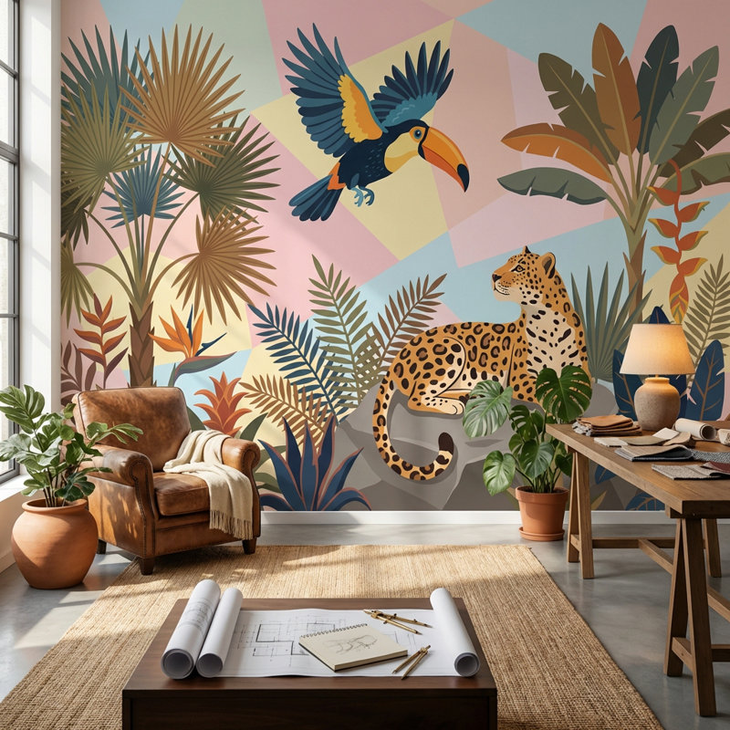 Papier peint léopard tropical, 100 po x 96 po, Peler et coller