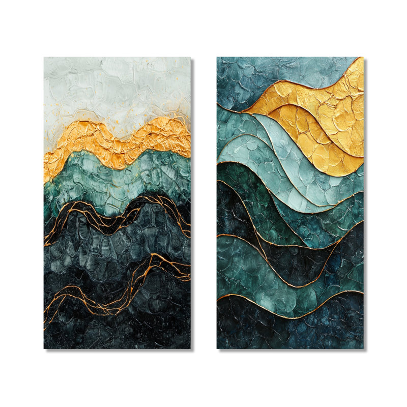 Abstrait doré émeraude brise de mer - plage dorée, ensemble de 2 reproductions d'art mural en métal, 40" H x 40" W