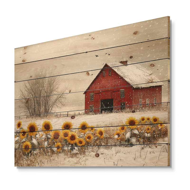 Sunflowers And The Winter Barn Soft Greys I - Farm Wood Wall Decor - On Natural Pine Wood, 10" H x 20" W x 0.78" D