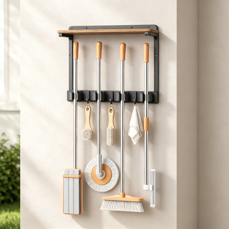 Porte-balai mural avec tablette de rangement, vadrouille robuste et organisateur de balai avec crochets et pinces pour l'organisation de la salle de lavage, de la cuisine, du garage et des fournitures de nettoyage domestique