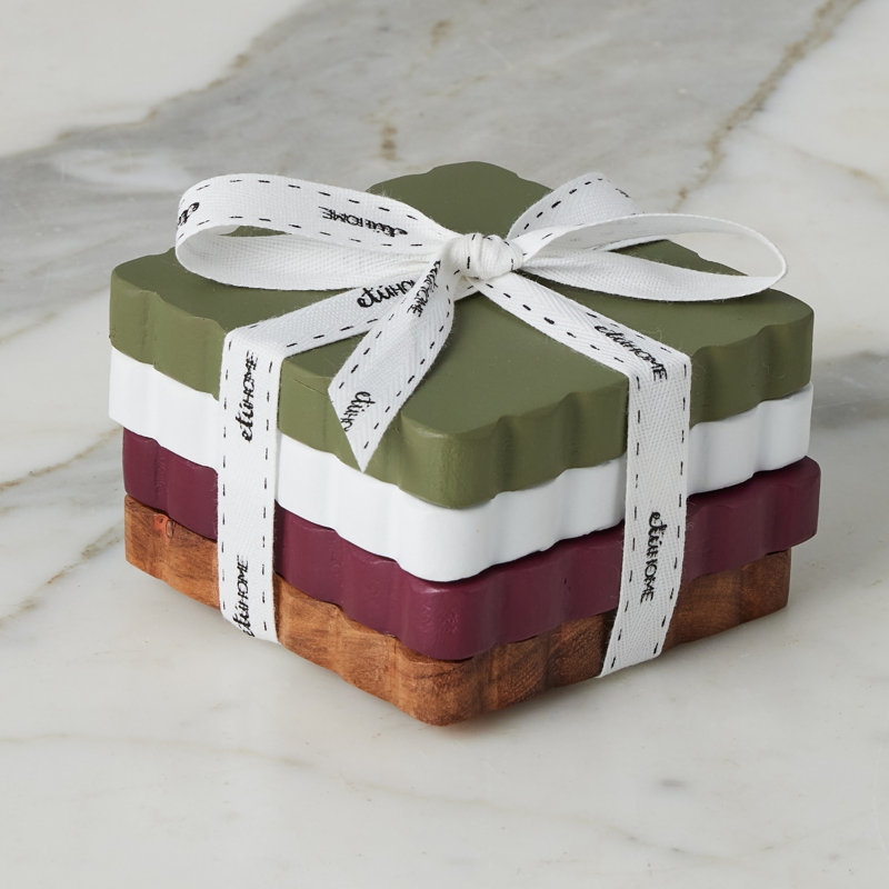 Scalloped Wood Coasters, Square, White/Brown/Green