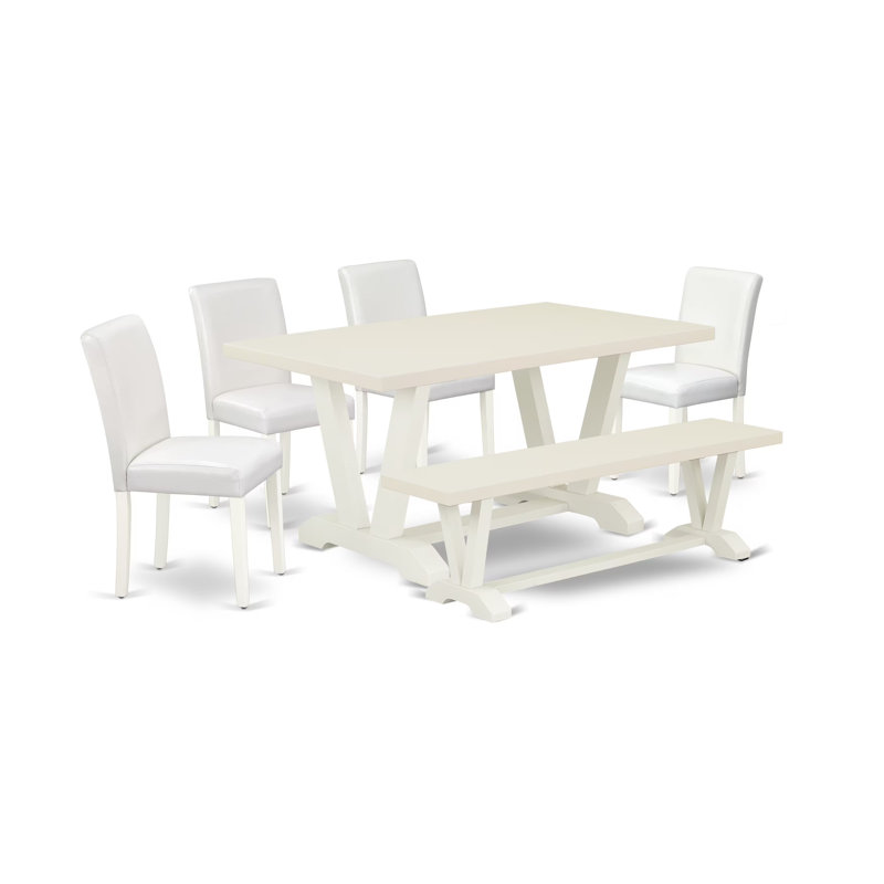 Ensemble de table de salle à manger 6 pièces comprenant une table de salle à manger rectangulaire avec pieds en V et 4 chaises rembourrées en similicuir blanc avec banc, multicolore