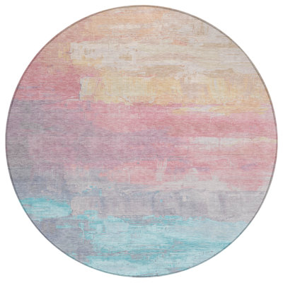 Tapis d'extérieur rond lavable abstrait 8 pi saumon et beige