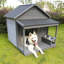 Niche pour chien en bois avec grande terrasse et bol d'alimentation