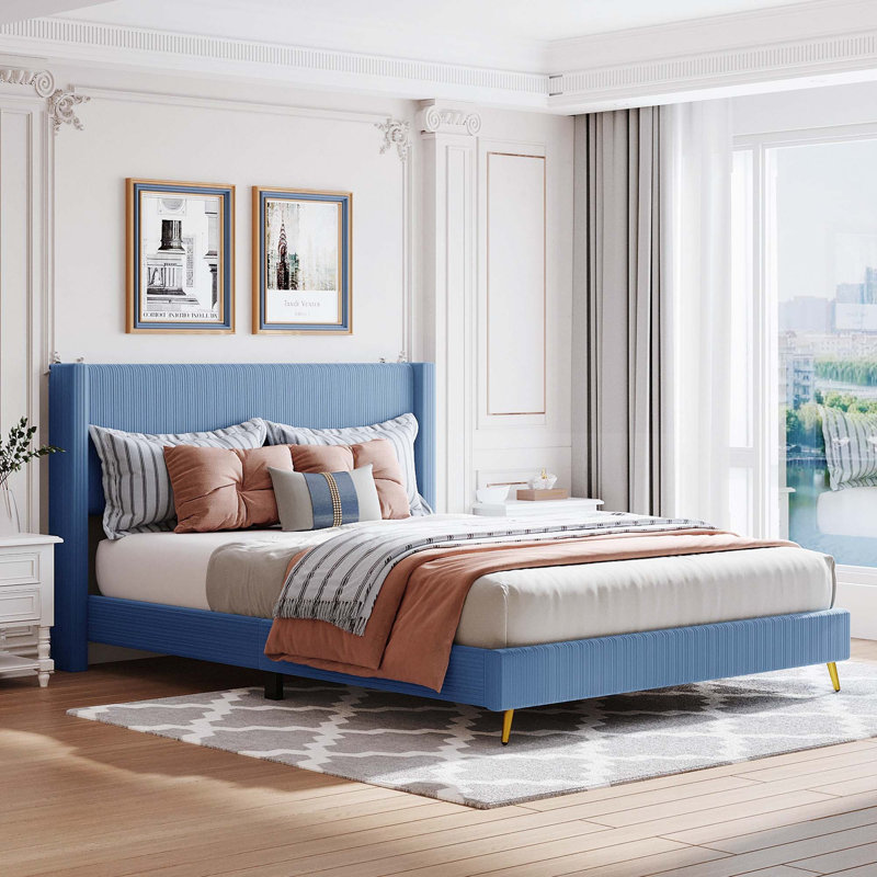 Queen Size Corduroy Platform Bed With Headboard, Blue