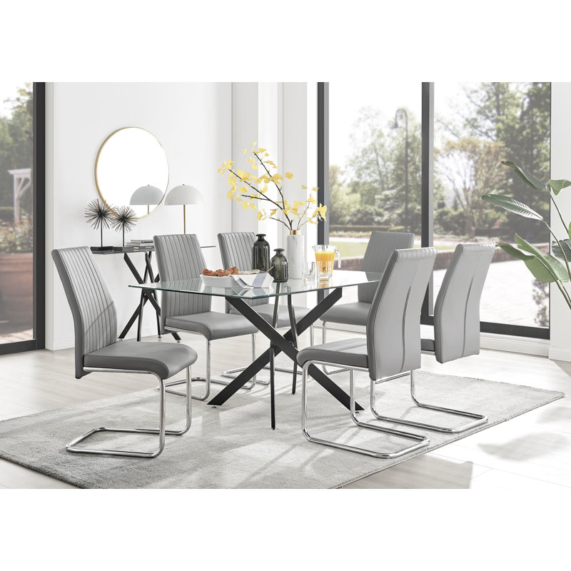 Lenworth Black Metal and Glass Rectangular Dining Table Set with 6 Upholstered Faux Leather Chairs, Grey