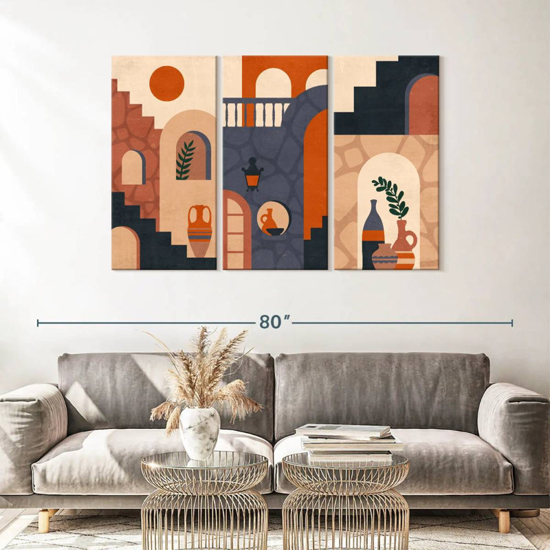 Abstrait architecture Mid-Century sur toile 3 pièces, H 36 po x l 57 po x P 1,25 po