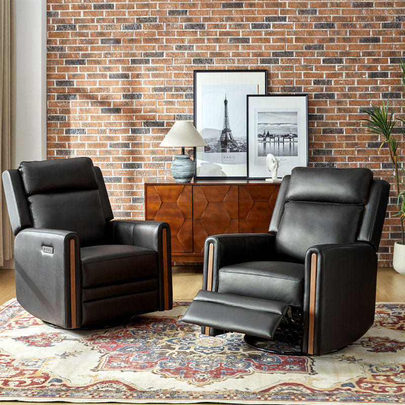 Regazzi Genuine Leather Swivel Rocking Power Recliner Built-in USB Port with Adjustable Headrest (Set of 2), Black