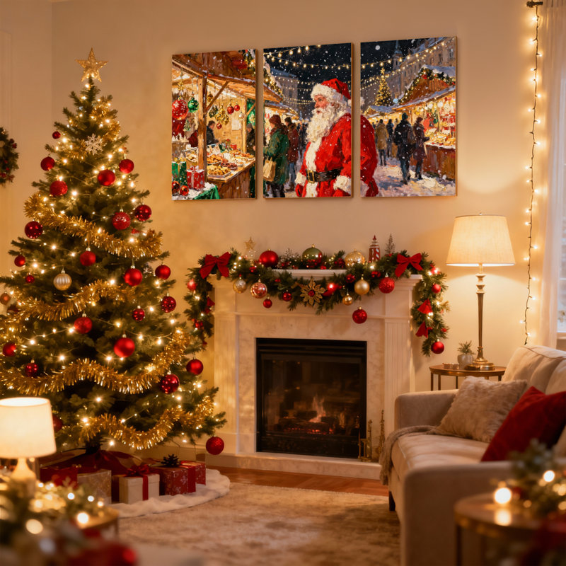 Marché de Noël de Noël, ensemble de 3 impressions sur toile, lumières du soir du père Noël, H 30 po x l 60 po