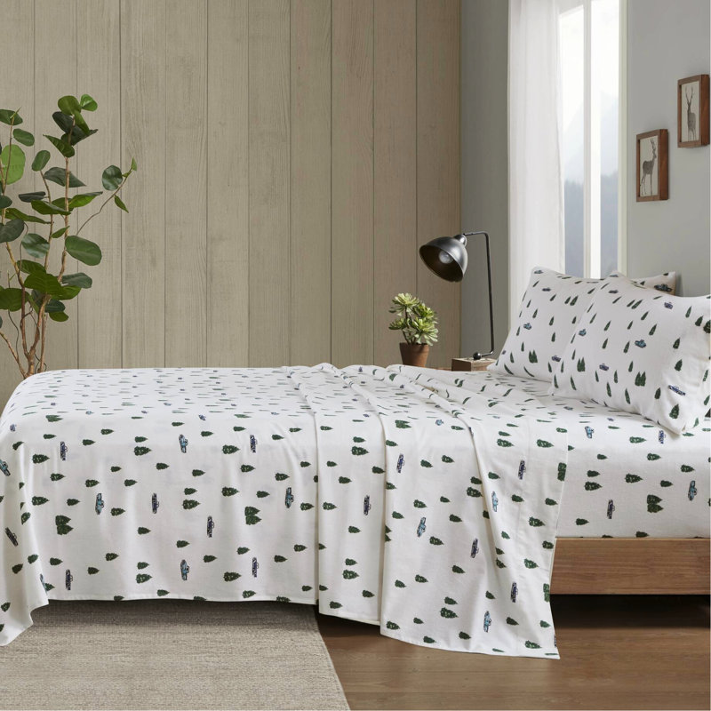 Ensemble de draps 4 pièces très grand format, multicolore, 100% flanelle de coton, l 108 po x L 102 po, l 72 po x L 84 po + P 14 po, 2 taies d'oreiller l 20 po x L 40 po, motif arbres et camions, simple / double Matelas double 12 po, grand / très grand