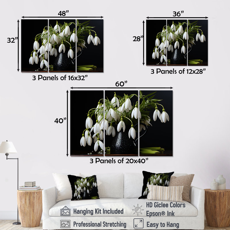 «Minimalims Snowdrops Still Life - Snowdrops», ensemble d'art sur toile, Toile tendue, H 40 po x l 60 po x P 1 po