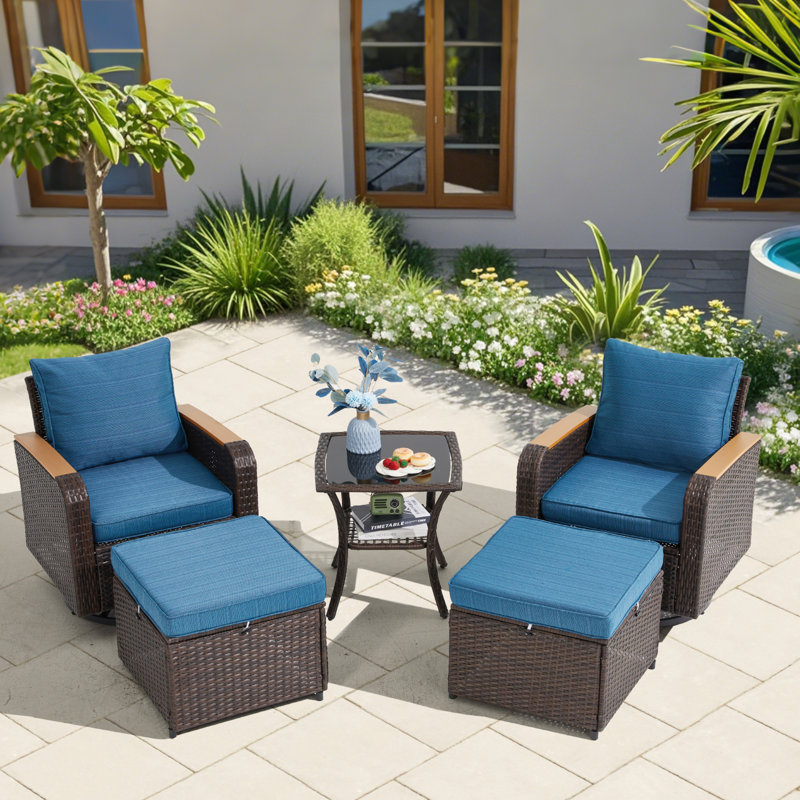 5 Pieces Outdoor Furniture Set With Swivel Chairs, Wicker Patio Furniture For Porch Deck Bistro Lawn Garden Backyard Poolside