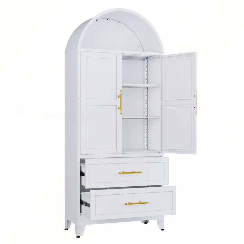 Élégante armoire arquée en fer avec portes et tiroirs, Blanc
