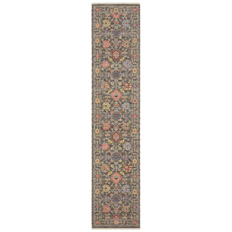 Oriental Machine Woven Gray/Pink Wool and Nylon Blend Area Rug, Runner 2'6" x 12'
