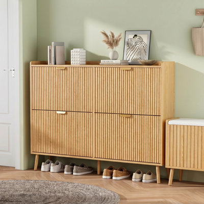 24 Pair Shoe Storage Cabinet With 4 Flip Drawers And Storage Bench For Entryway