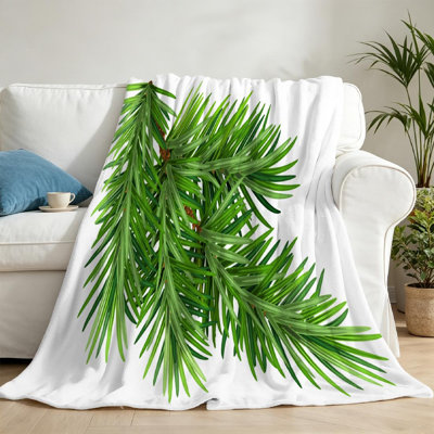 Jeté en flanelle verte ultra douce, imprimé de branche de pin moelleux
