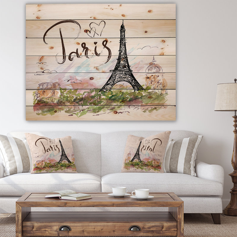 « eiffel tour avec paris scribble », peinture beige, H 20 po x l 15 po x P 1po, Bois