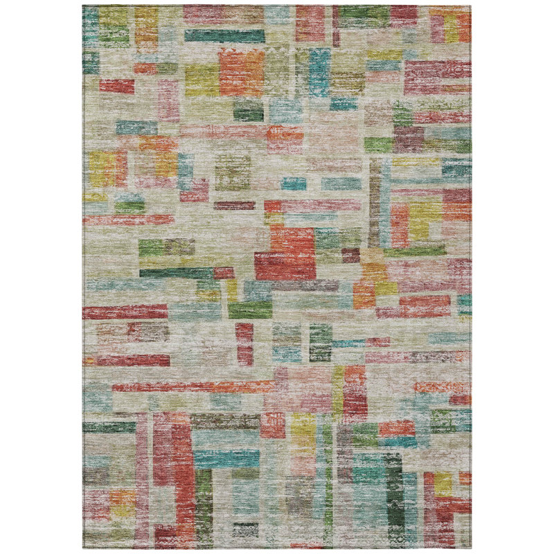Mosaic Orange Washable Indoor-Outdoor Rug - , 5' x 7'6"