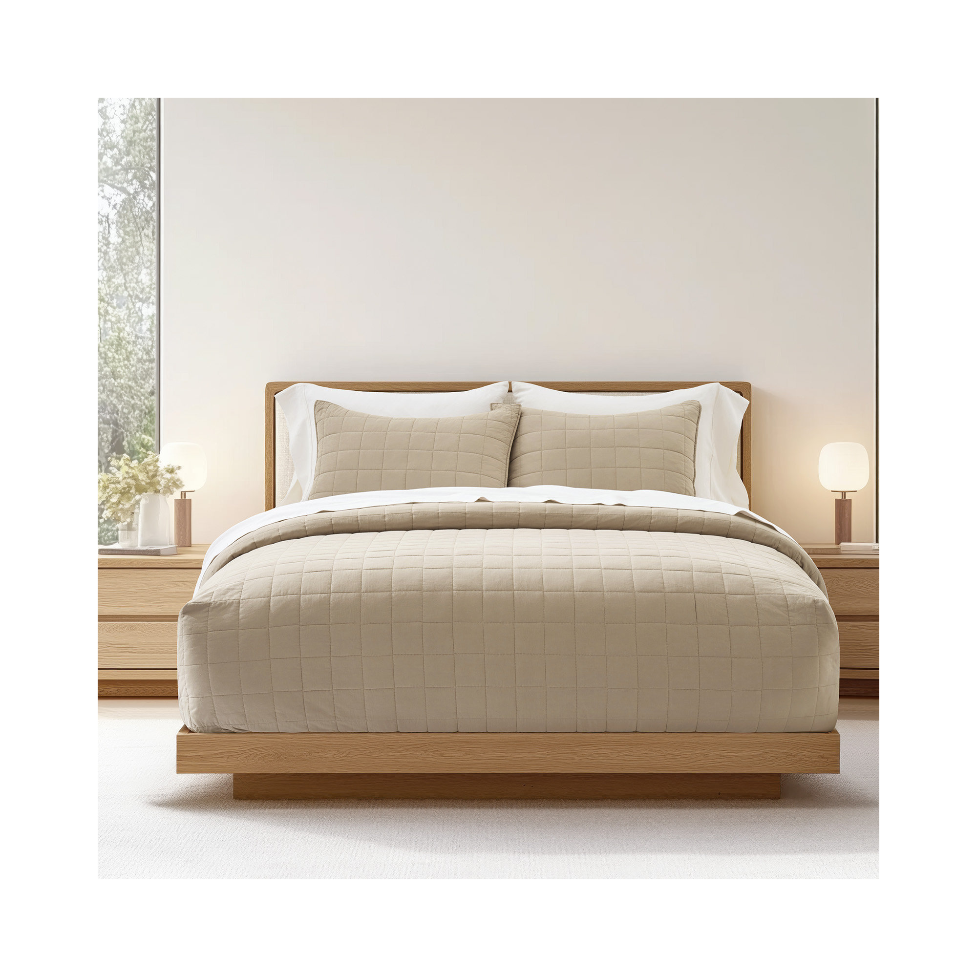 100% Cotton Box Stitch Quilt Set, Khaki Tan, Queen Quilt + 2 Queen Shams
