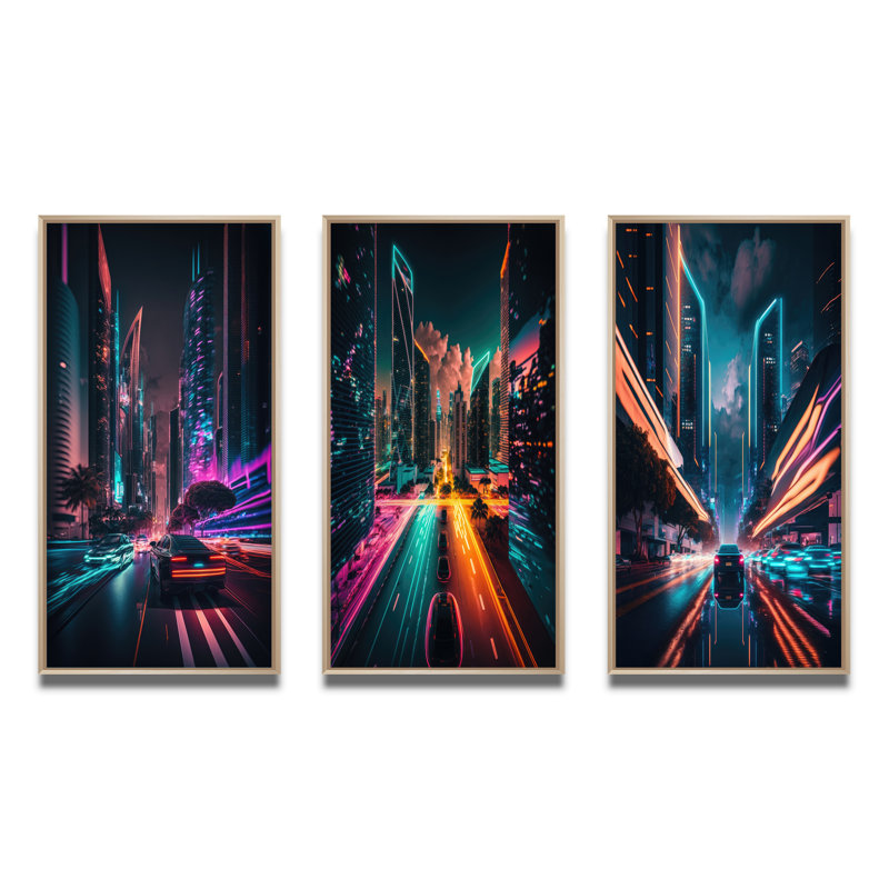 «Futuristic Miami Neon Art», 3 pièces sur toile, Naturel, H 20 po x l 36 po