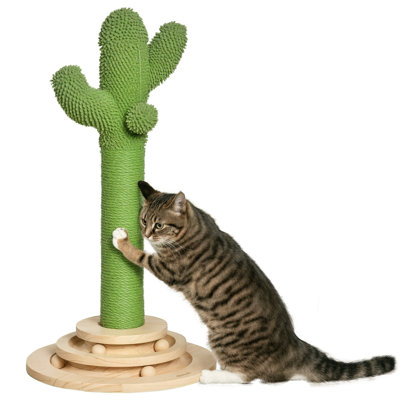 Cactus Cat Tree with Sisal Scratching Post, Hanging Ball and Cat Ball Platform, Pinewood Base, Green and Natural, 32 cm W x 32 cm D x 60 cm H