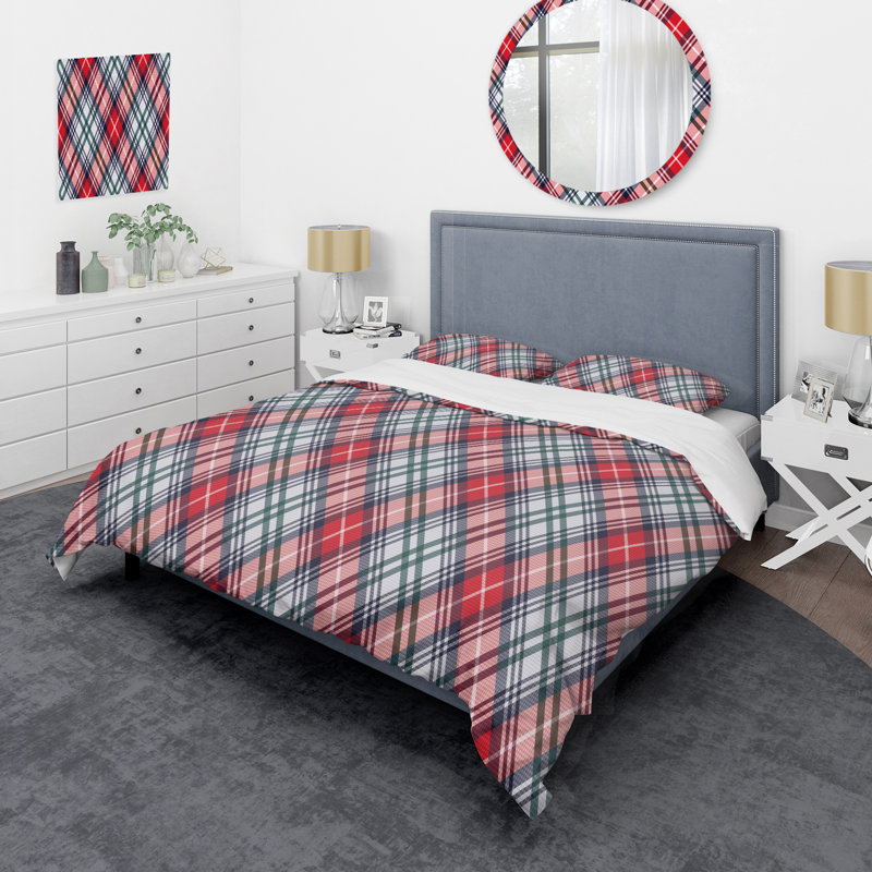 Tartan à carreaux rouge et rose - Ensemble de housse de couette abstrait - Microfibre de polyester