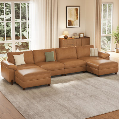 Canapé modulaire en U à 6 places pour le salon, canapé modulaire surdimensionné avec repose-pieds de rangement et housses lavables, similicuir brun résistant aux égratignures