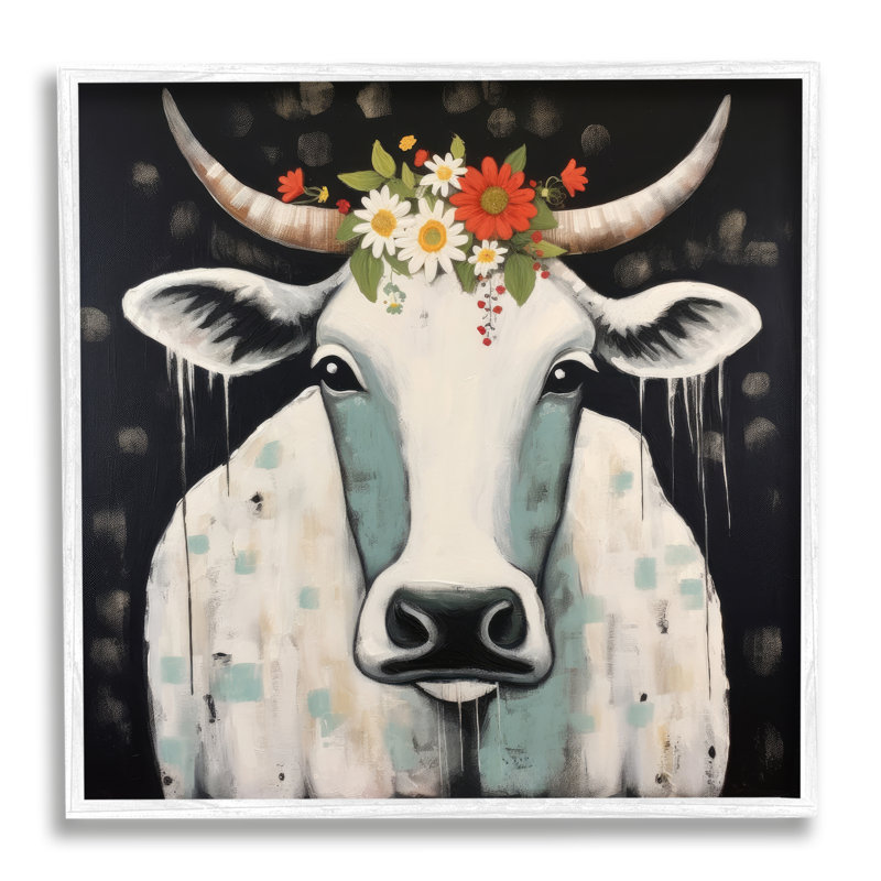 Vache et fleurs sur fond noir - impression d'un cadre photo sur bois, H 12 po x l 12 po x P 1,5 po