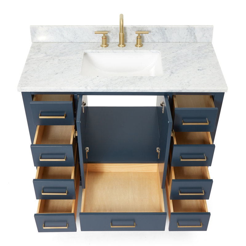 Ensemble de meuble-lavabo simple Flynt, Forme rectangulaire, Bleu minuit / laiton satiné, L 43 po