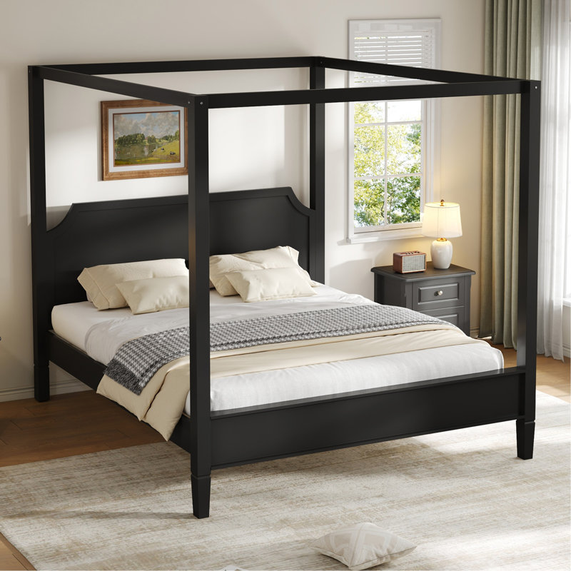 Grand lit plateforme à baldaquin en bois avec tête de lit et pieds de soutien, noir, Queen, Noir