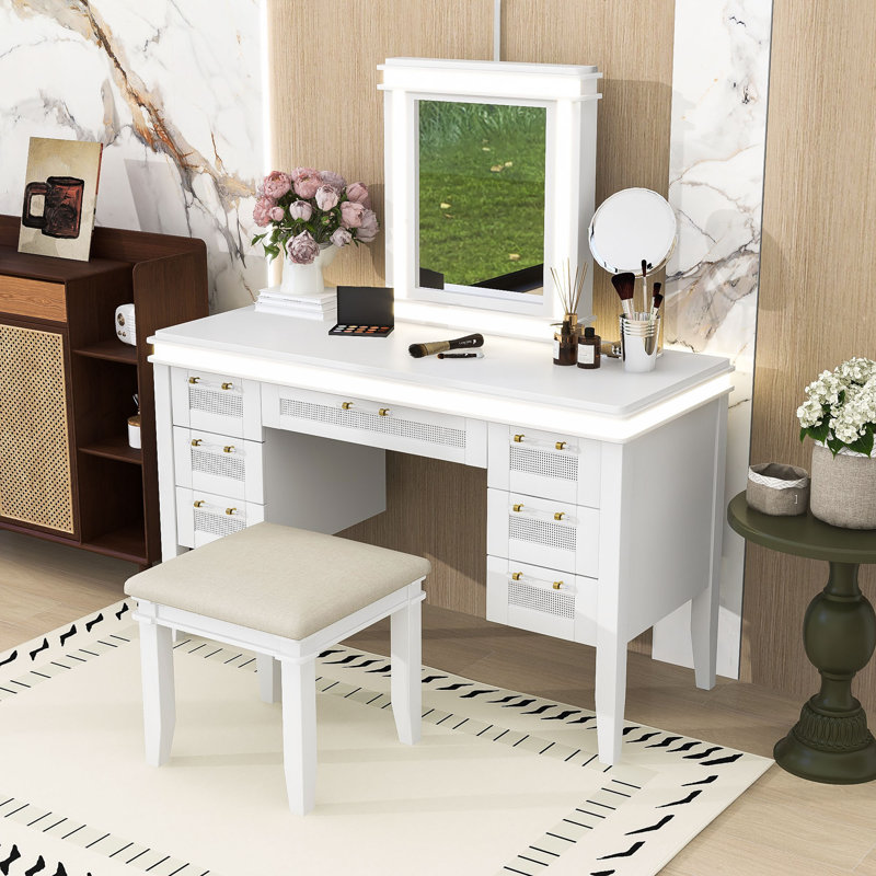 Makeup Vanity Table with 7 Storage Drawers, LED Mirror and Padded Stool, Light Beige