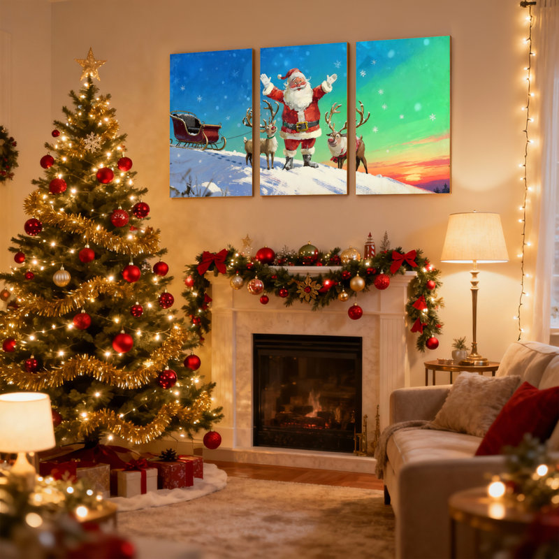 Noël, père Noël, renne, traîneau, paysage enneigé, coucher de soleil, ensemble de 3 impressions sur toile, H 30 po x l 60 po