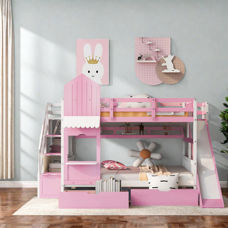 Lits superposés avec rangement Fun Castle Style, bois massif, rose