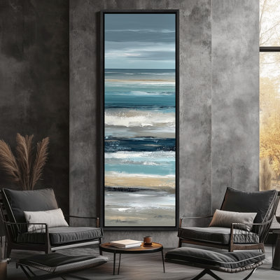 Teal and Sand Layered Coastal Abstract Horizon - Large Framed Canvas Master Bedroom Wall Art Print