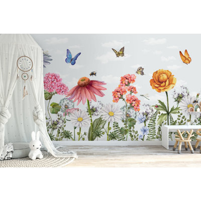 Papier peint aquarelle fleurs de jardin marguerites et papillons