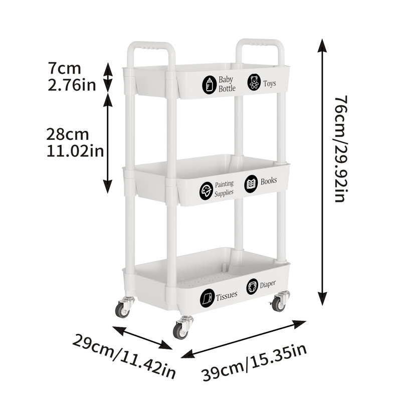 Kitchen Storage Cart,multifunction Utility Rolling Storage Organizer,mobile Shelving Unit Cart With Lockable Wheels, White