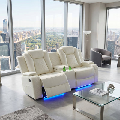 Orvane White Vegan Leather  Reclining  Loveseat With Cup-Holders And LED Lights