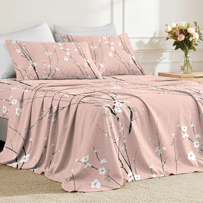 Floral Sheet Set, Full Sheet Set with Fitted Sheet & 2 Pillowcases, Pink