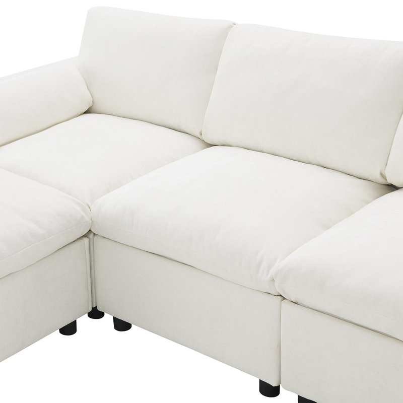 Amanollah 86.5''Chenille 5-Piece Sectional With Storage Pockets, White Chenille