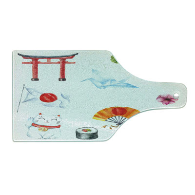 Ambesonne Japanese Tempered Glass Cutting Board Watercolors Asian Folk Multicolor