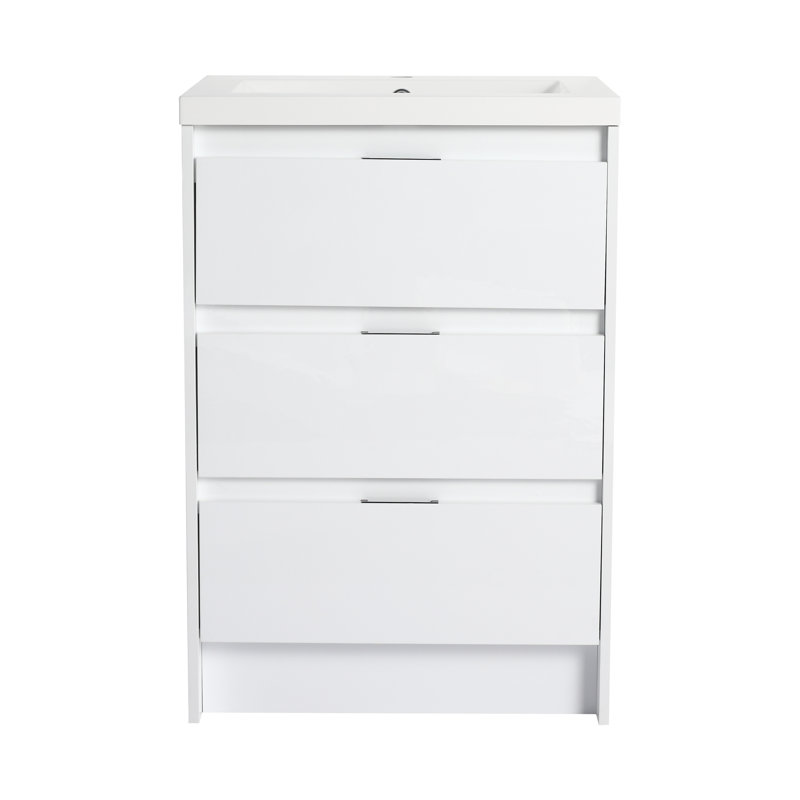 Meuble-lavabo autoportant 24 po avec lavabo en résine et 3 portes à fermeture douce, armoire en contreplaqué blanc brillant